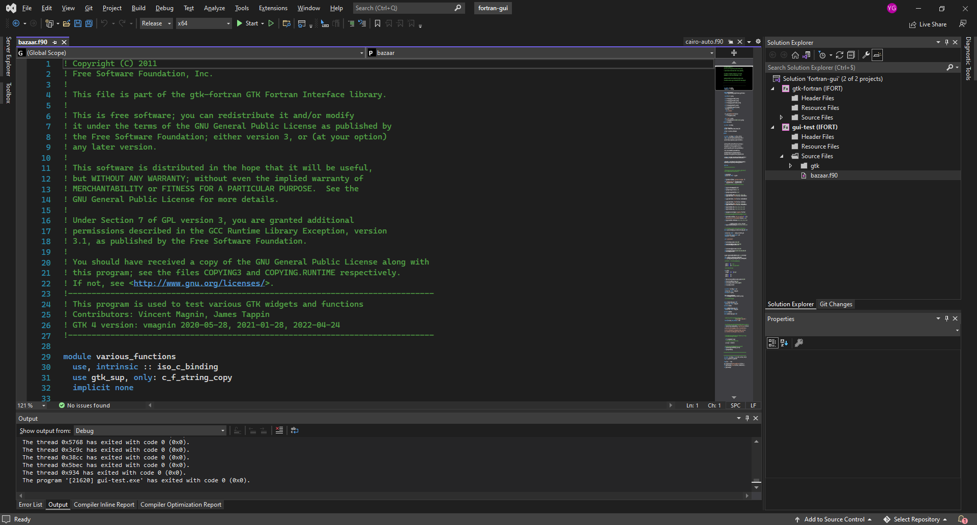 Visual Studio 2022 snapshot when gtk-fortran works as expected. The *Solution* structure is on the right side of the image.