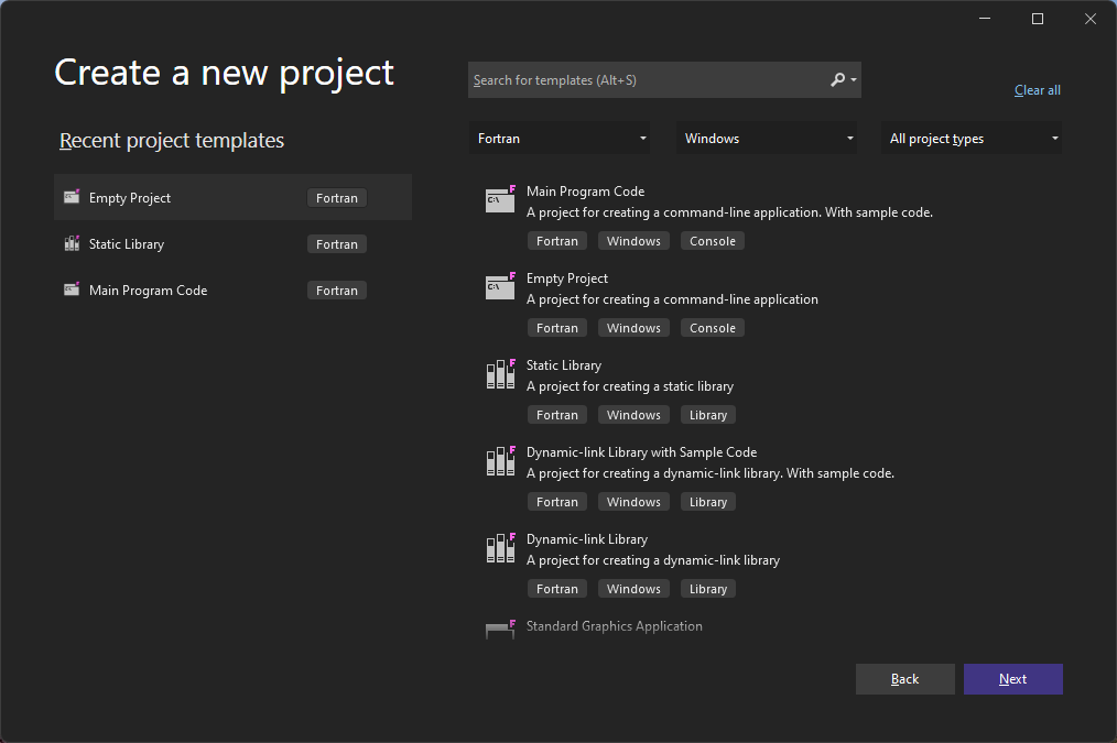 Visual Studio 2022 new project screen when Intel Fortran Compiler installation went as expected